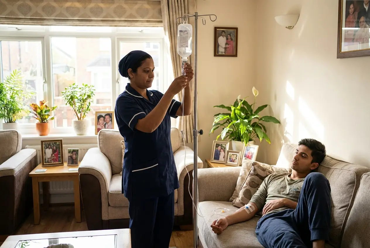 Nurse setting up an IV drip for a patient at home