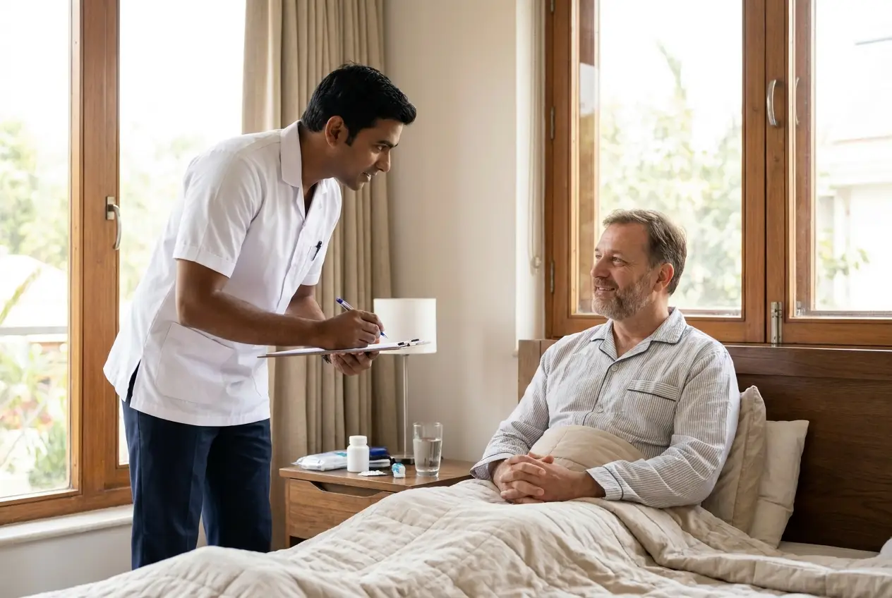 Male nurse caring for a recovering patient at home